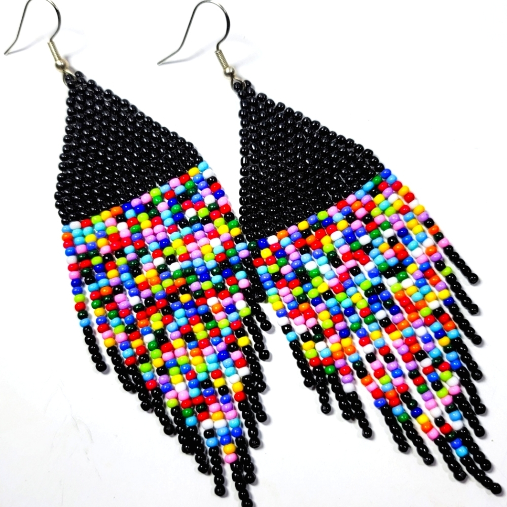 Handmade Seed Bead Fringe Earrings "Pixelated Rainbow in black"